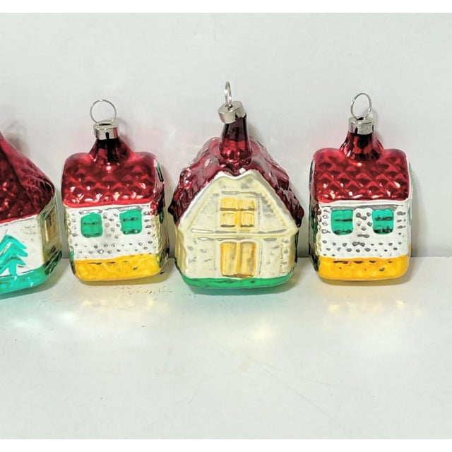 Mid-Century Modern 1950s European Cottage House Glass Christmas Ornaments – Hand Painted – Set of 6 For Sale - Image 3 of 12