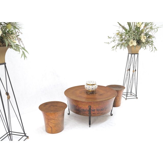 Vintage Hummered Forged Copper & Iron Round Coffee Table & Pair of Stools Seats For Sale - Image 9 of 12