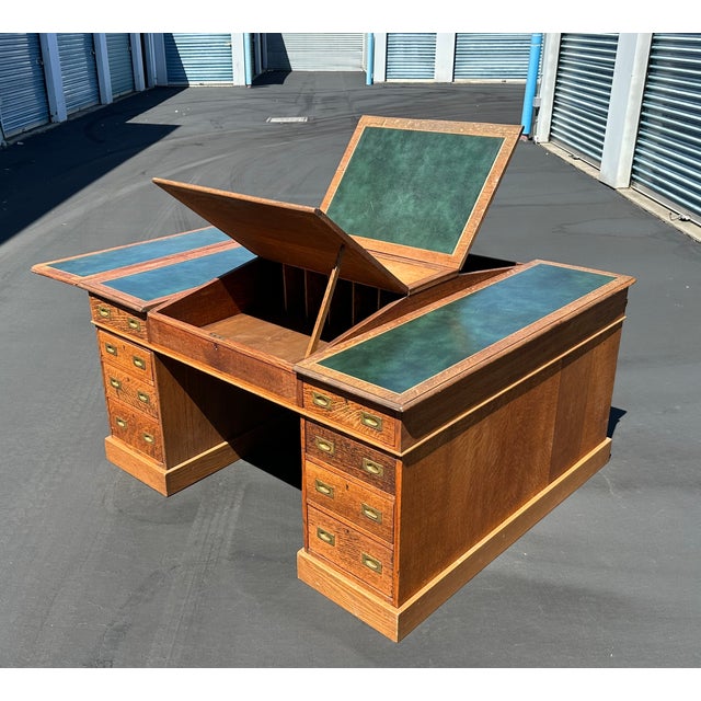 Wood Antique Double Pedestal Partners British Campaign Desk Solid Oak -Rare Antique-Made in England For Sale - Image 7 of 8