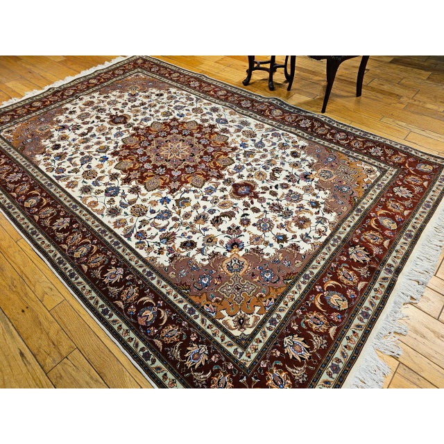 Fine Tabriz Shirfar Rug, Hand-Knotted Wool & Silk, Floral Pattern, Ivory & Chocolate, 7x10 For Sale - Image 4 of 18