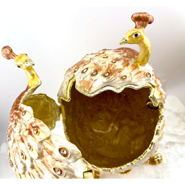Pierre Lorren Handmade Faberge Egg Style Trinket Peacock Couple Fabergé Egg Style Austrian Crystal Diamond Pure Gold Deco Hand Painted For Sale - Image 12 of 16