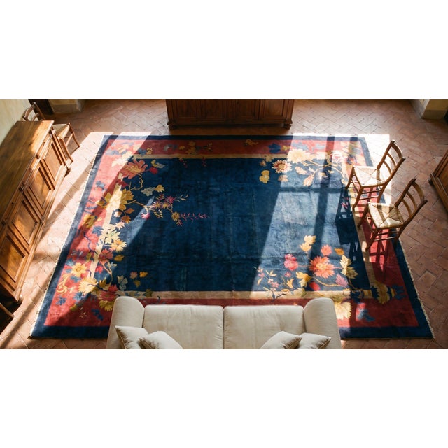 1920s Blue Field Floral Antique Chinese Art Deco Carpet 9' X 11'8" Knotted Wool Rug For Sale - Image 13 of 15