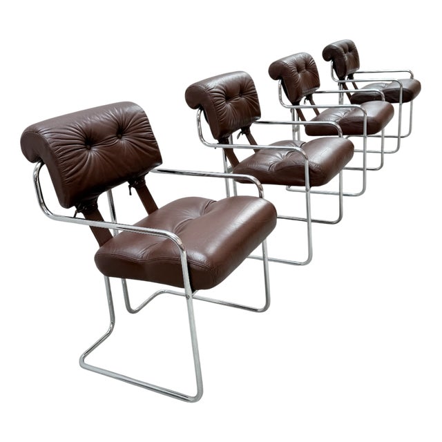 Tucroma Chairs in Brown Leather and Chrome by Guido Faleschini for I4 Mariani, Italy, 1970s, Set of 4 For Sale