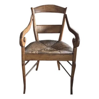 French Scroll Armchair With Rush Seat and Saber Legs For Sale