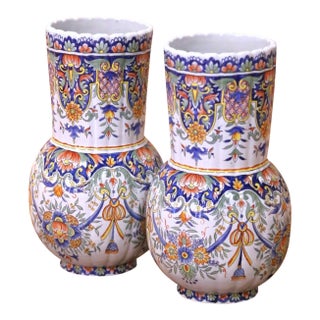 Pair of 19th Century French Desvres Faience Vases in the Rouen Taste For Sale