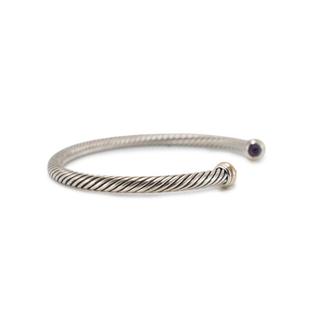 Modern David Yurman Classic Cable Silver & 18k Gold 4mm Amethyst Cuff Bangle Bracelet For Sale - Image 3 of 8