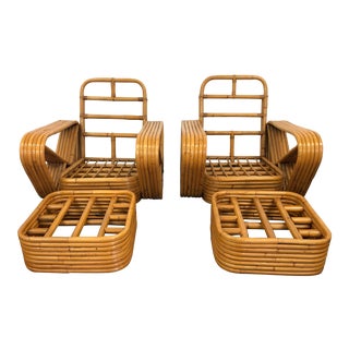 Paul Frankl Style Banded Rattan Chairs and Ottomans - a Pair For Sale