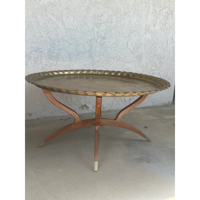 Gold 1950s Moroccan Brass Tray Table on Mid-Century Modern Base For Sale - Image 8 of 12