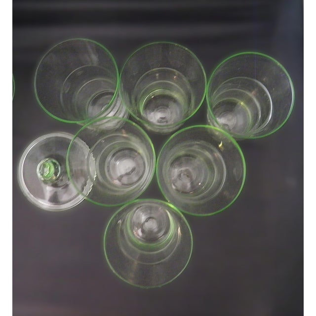 Antique Art Deco Dunbar Green Uranium Glass Pitcher 6 Tumblers Large 8pc Set For Sale - Image 11 of 18