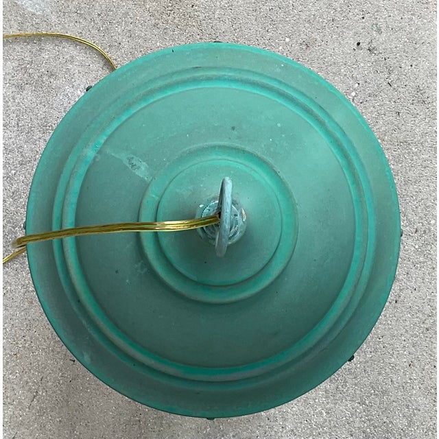 Vintage Solid Brass Bell Lantern With Verdigris Patina – Two-Lights Pendant For Sale - Image 12 of 13