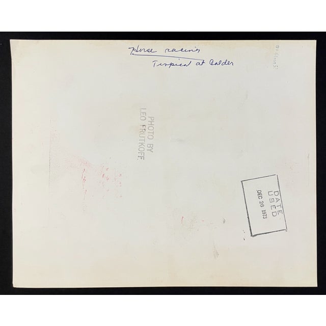 1973 equestrian black and white photo of the Tropical at Calder by Leo Frutkoff. Publication information on the back....