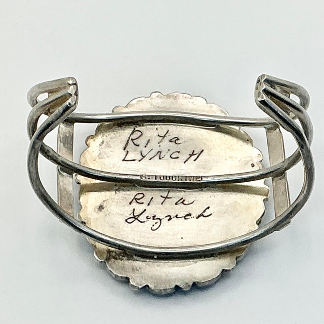 1970s Vintage Southwestern Dine’ Navajo Ben Touchine Turquoise & Sterling Large Cuff Bracelet - 7” For Sale - Image 10 of 11