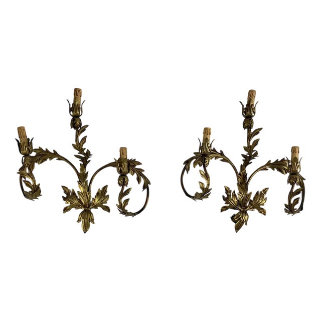 Mid-Century 3-Light Wrought Iron Wall Lamps, 1960s, Set of 2 For Sale