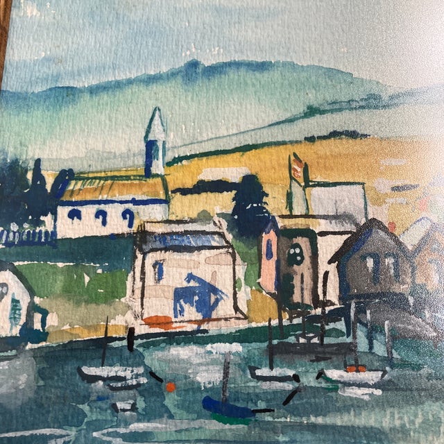 Contemporary Contemporary Original Bucks County Pa Artist James Feehan River Village Sailboats Watercolor Painting For Sale - Image 3 of 4