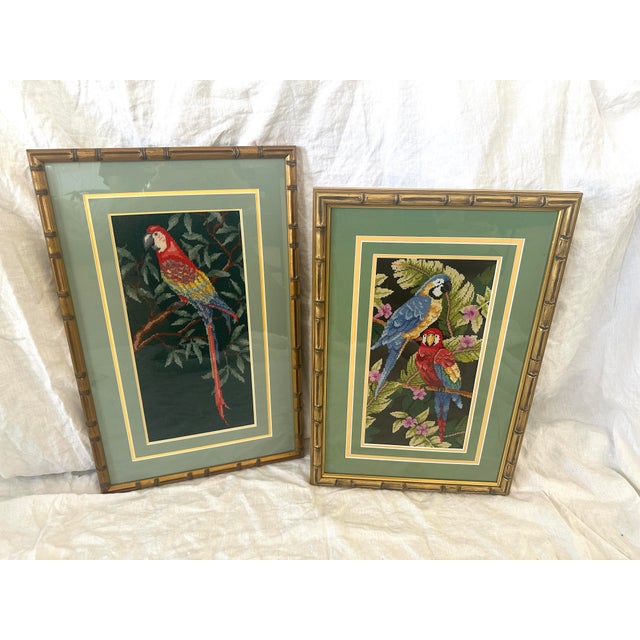 Vintage Pair of Macaw Needlepoint Framed Pictures For Sale In Palm Springs - Image 6 of 9
