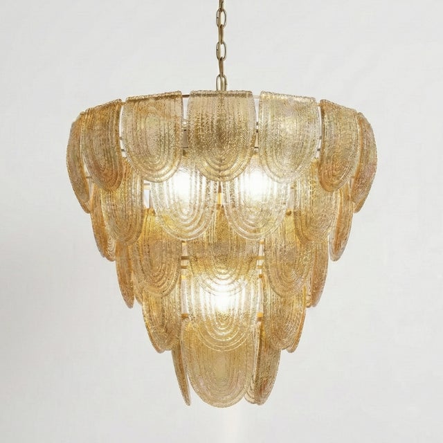 1970s Art Deco Style Amber Murano Glass and Brass 5-Tier Waterfall Chandelier, 1970s For Sale - Image 5 of 5