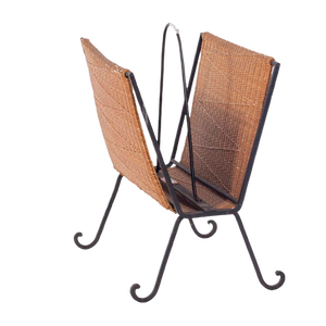 Danish Iron and Rattan Magazine Rack, 1940s