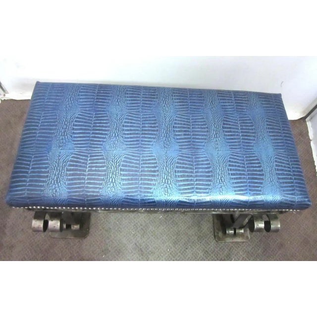 Art Deco 1930s French Art Deco Iron Bench With Faux Alligator Metallic Cobalt Blue Leather Upholstery For Sale - Image 3 of 6