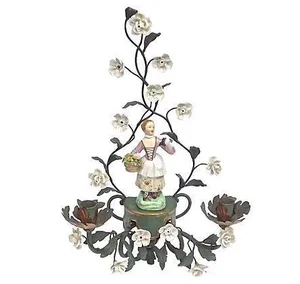Antique Tole & Porcelain Floral Candle Sconce