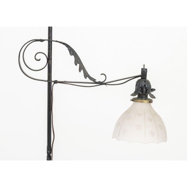 Art Deco Starburst Cut Glass Shade Floor Lamp, black painted metal frame terminating in three scrolled feet. 63.5" H x 19"...