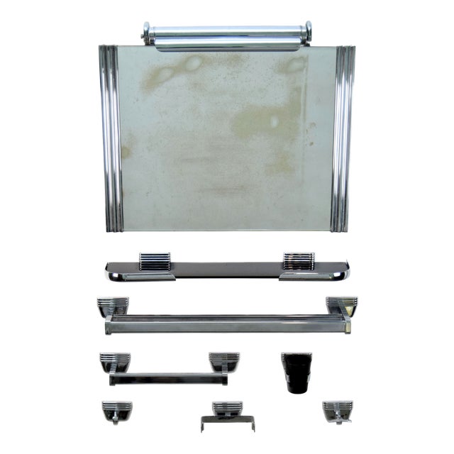 Art Deco Chrome Bathroom Mirror with Accessories from E.P. Milano, 1930s, Set of 8 For Sale