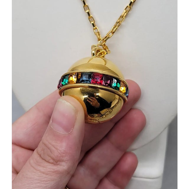 Modern Vintage 1990s Signed Napier Goldtone Multicolor Rhinestone Spherical Pendant Necklace For Sale - Image 3 of 12