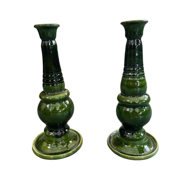 Moroccan Pair of Moroccan Emerald Green Glazed Ceramic Candlesticks For Sale - Image 3 of 9