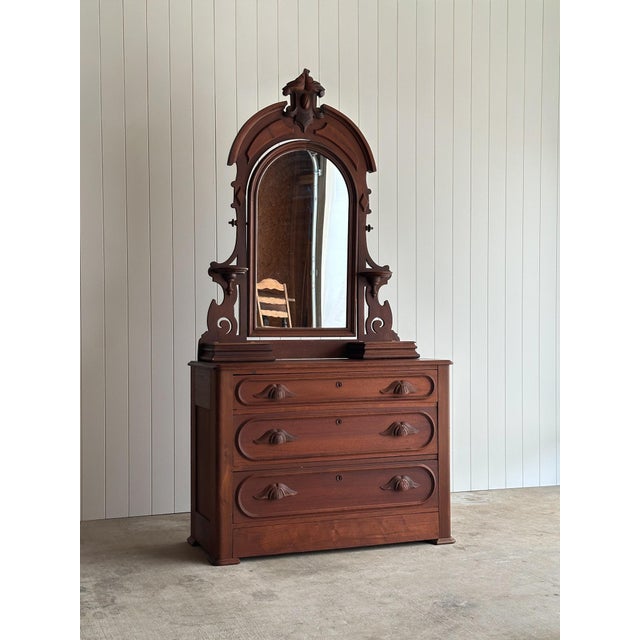 Victorian Antique Walnut Dresser With Arched Mirror and Carved Crest For Sale - Image 3 of 18