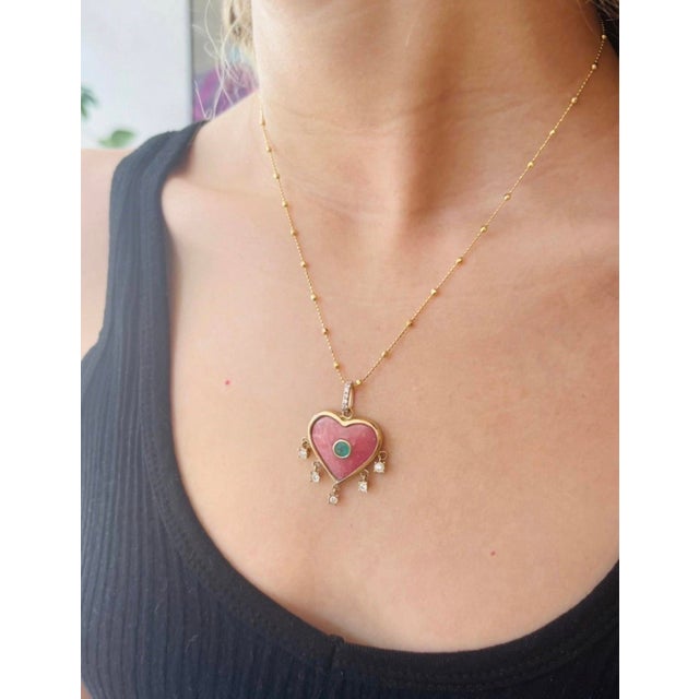 Rhodochrosite Heart Pendant with Emerald, Diamonds & 14k Gold Jen Proudman Jewelry Rhodochrosite, Zambian Emerald,...
