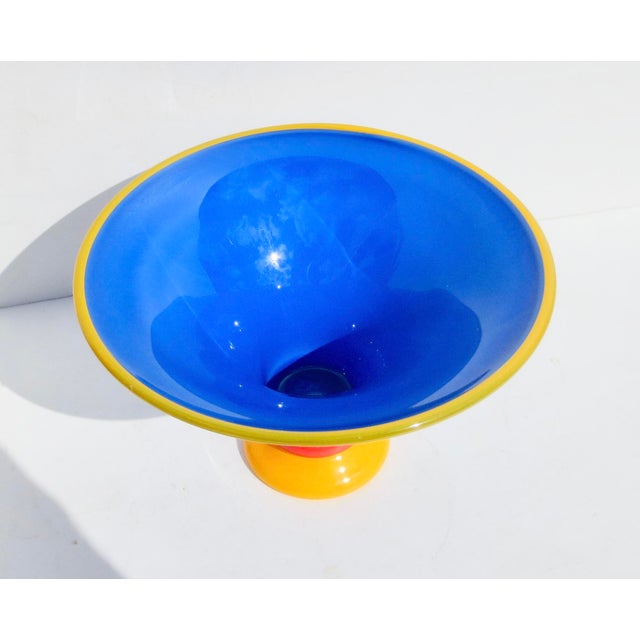 Memphis Art Glass vase by Transjo Hytta - Sweden. Classic blue, yellow, and red color bands with a beautiful cone form...