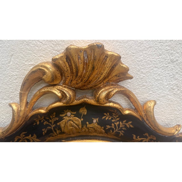 Vintage Italian Venetian Style Black & Gilt Chinoiserie Wall Mirror For Sale - Image 9 of 9