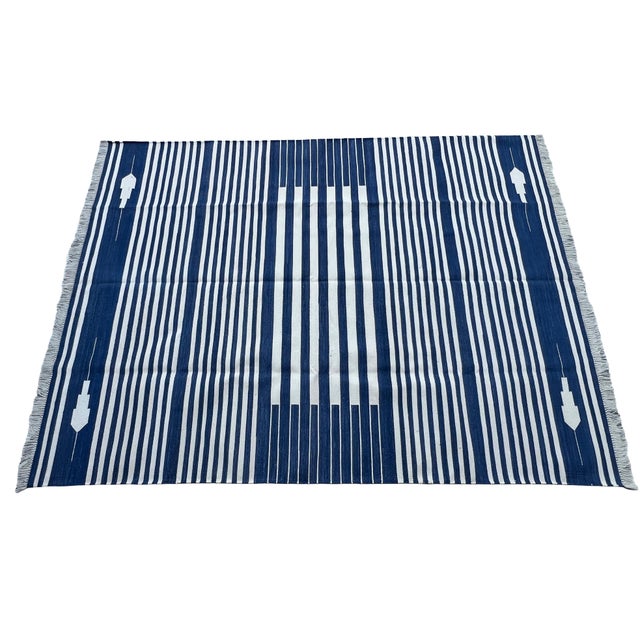 Mid-Century Modern Handmade Denim Blue and White Cotton Vegetable Dyed Striped Rug - 5'x7' For Sale - Image 3 of 11