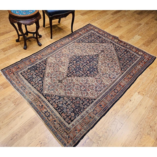 Antique Senneh Area Rug, Hand-Knotted Wool, Herati Medallion Pattern, Ivory & Navy, 4x6 For Sale - Image 17 of 17