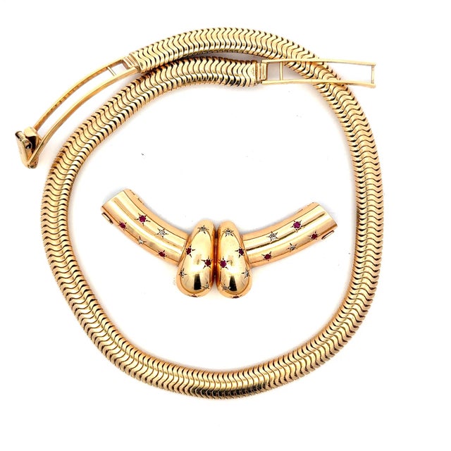 1940s Retro 14k Gold Ruby & Diamond Convertible Snake Necklace For Sale In Miami - Image 6 of 16