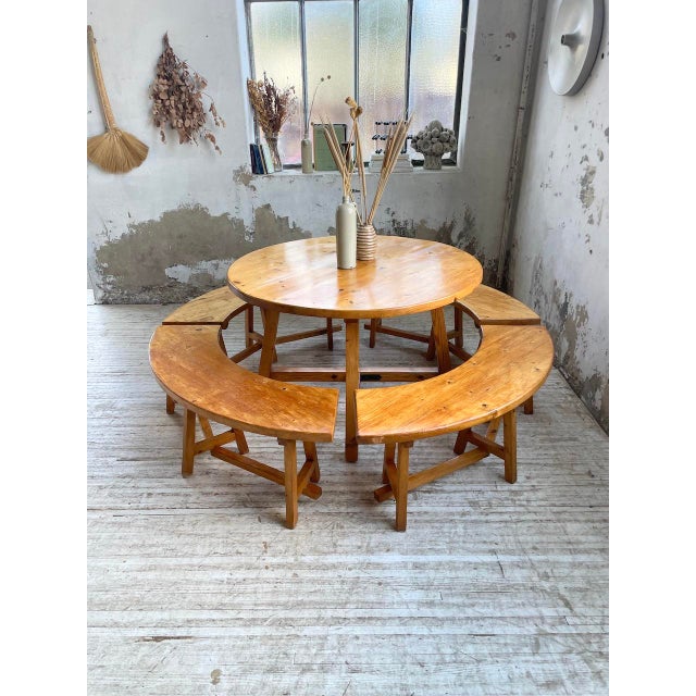 Round Table Set and Rounded Benches, 1950s, Set of 5 For Sale - Image 15 of 18