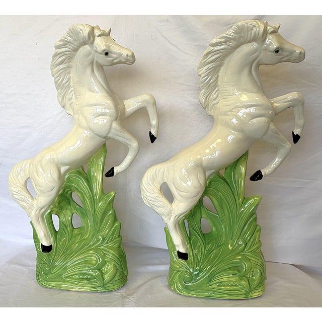 Figurative Mid Century Vintage Cast Ceramic Rearing White Mustangs With Glass Eyes- A Pair For Sale - Image 3 of 18