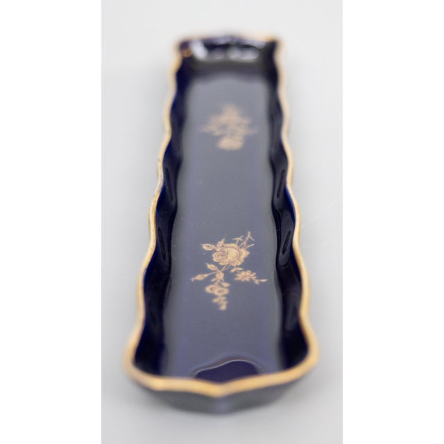 French Vintage French Limoges Cobalt Blue Gilt Floral Porcelain Pen Tray For Sale - Image 3 of 7
