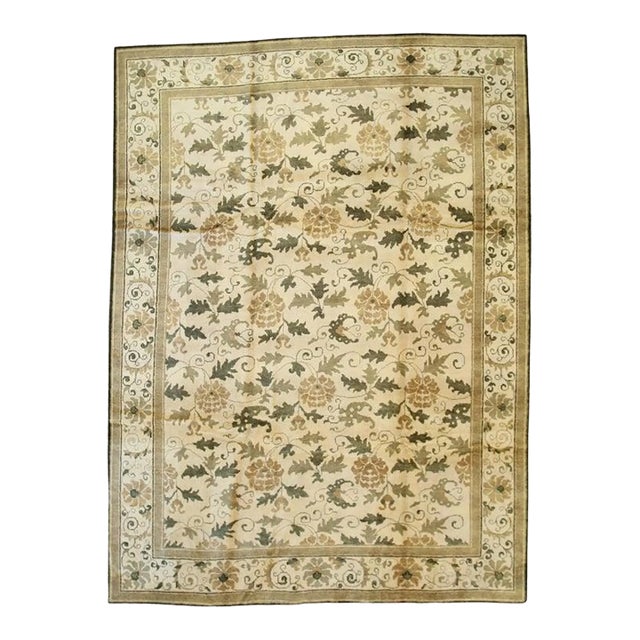 3x18 Ivory Hand-Knotted Wool Floral Scrollwork Geometric Modern Carpet Rug For Sale