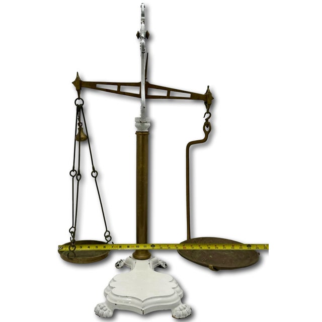 Very Large Size Antique Brass & Enameled Cast Iron Manchester England Wholesale Groceries Sellers Scale - 34 Inches Tall For Sale - Image 14 of 18