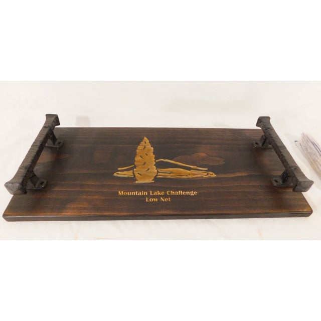 Farmhouse Large Vintage Rustic Log Cabin Solid Wood Serving Tray With Iron Handles For Sale - Image 3 of 10