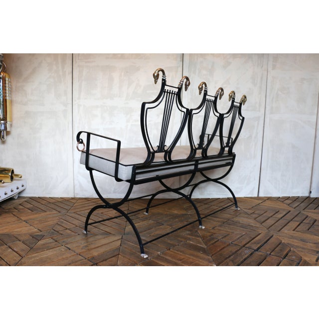 1950s Iron Lyre Back Settee With Brass Swan Heads & Paw Feet by Samuel Copelon For Sale - Image 9 of 18