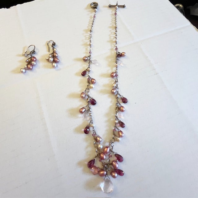 Art Nouveau 1990s Laura Gibson Sterling Silver Pearls & Dangling Faceted Gems Necklace & Earrings, 3 Pieces For Sale - Image 3 of 6