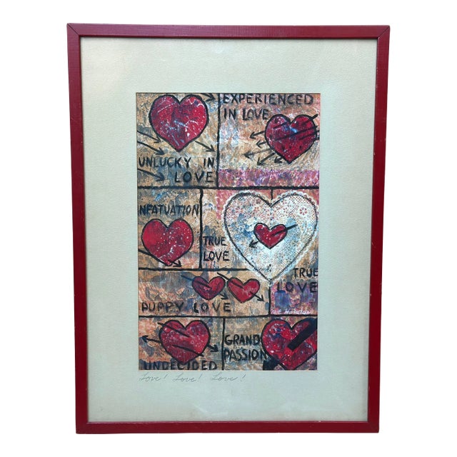 Vintage Love! Love! Love! Acrylic Painting by m.e. Harston in Original Frame For Sale