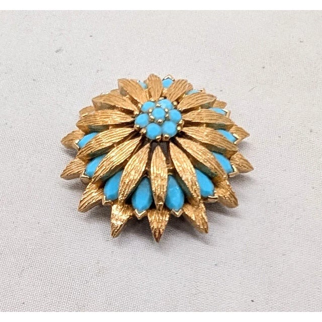 Vintage 1960s Signed Panetta Goldtone Faux-Turquoise Brooch For Sale - Image 4 of 8