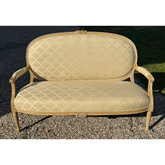 French Country Louis XVI Style Bleached Wood Settee, Newly Reupholstered For Sale - Image 3 of 13