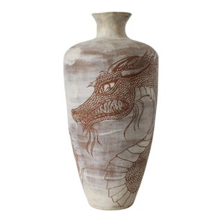 Vintage Studio Pottery Vase Featuring an Incised Dragon Motif For Sale