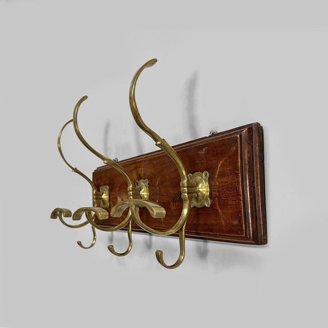 Italian Art Nouveau Wall Coat Rack in Wood and Brass, 1920s For Sale - Image 4 of 10