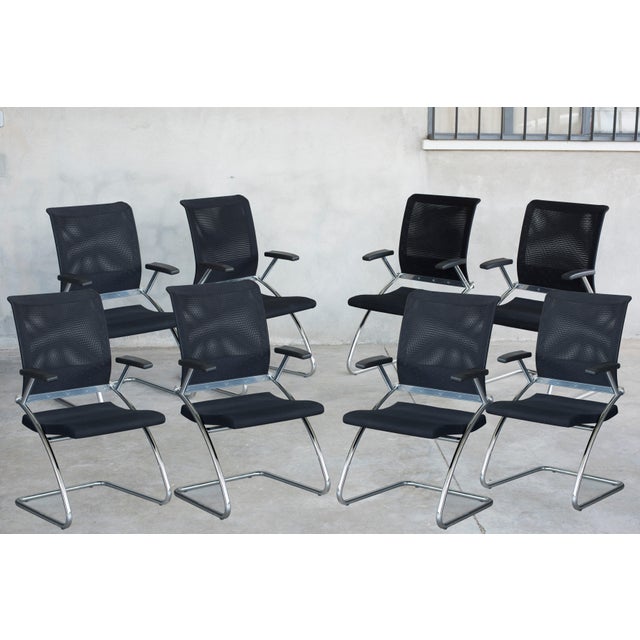 Technical Chromed Steel Desk Armchairs with Black Upholstery, 1980s, Set of 8 For Sale - Image 16 of 17