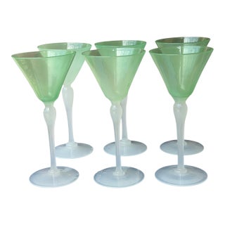 1910s Stevens & Williams Green & White Opaline Glass Cocktail Wine Stems - Set of 6 For Sale