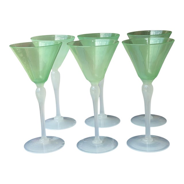 1910s Stevens & Williams Green & White Opaline Glass Cocktail Wine Stems - Set of 6 For Sale